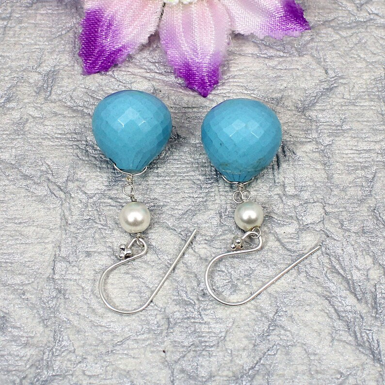 Blue Turquoise And Pearl Ball Drop 925 Sterling Silver Earring