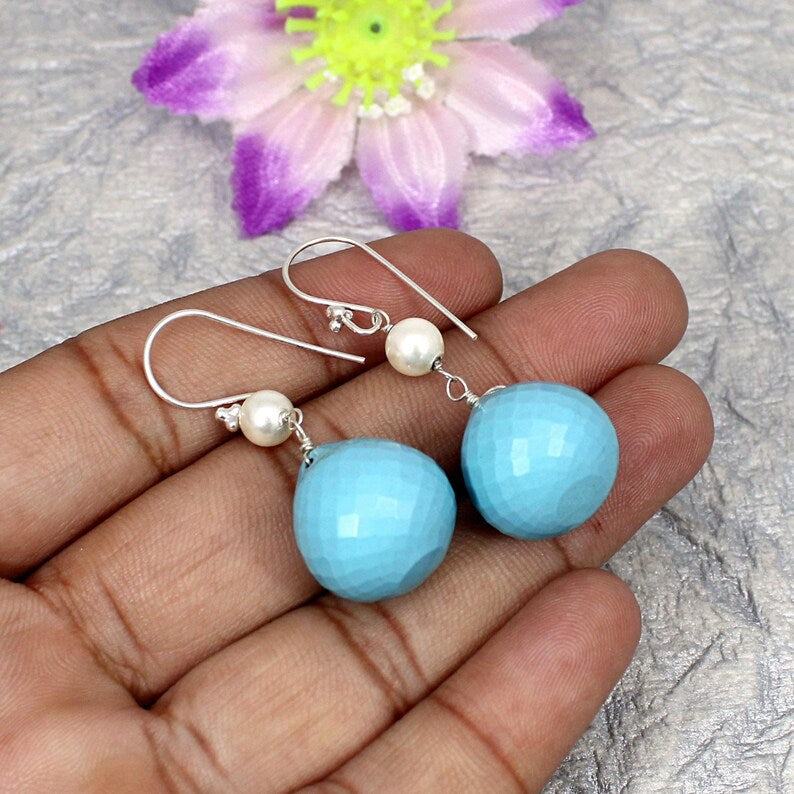 Blue Turquoise And Pearl Ball Drop 925 Sterling Silver Earring