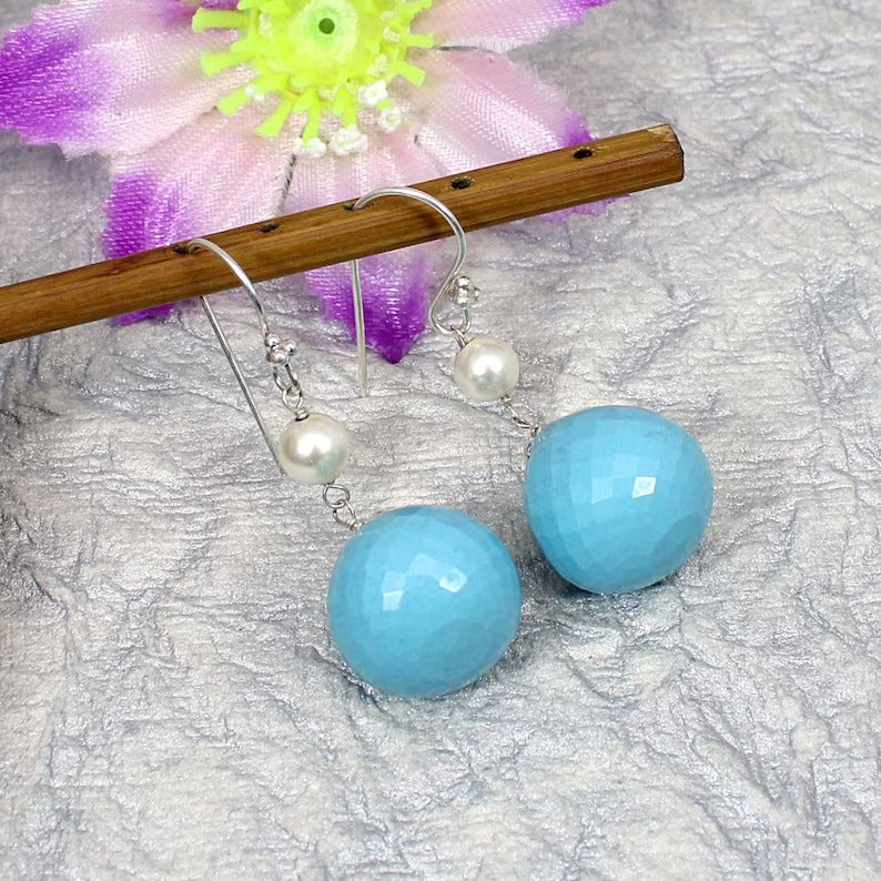 Blue Turquoise And Pearl Ball Drop 925 Sterling Silver Earring