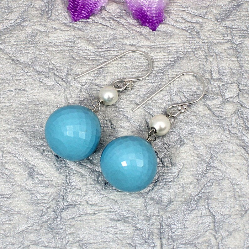 Blue Turquoise And Pearl Ball Drop 925 Sterling Silver Earring