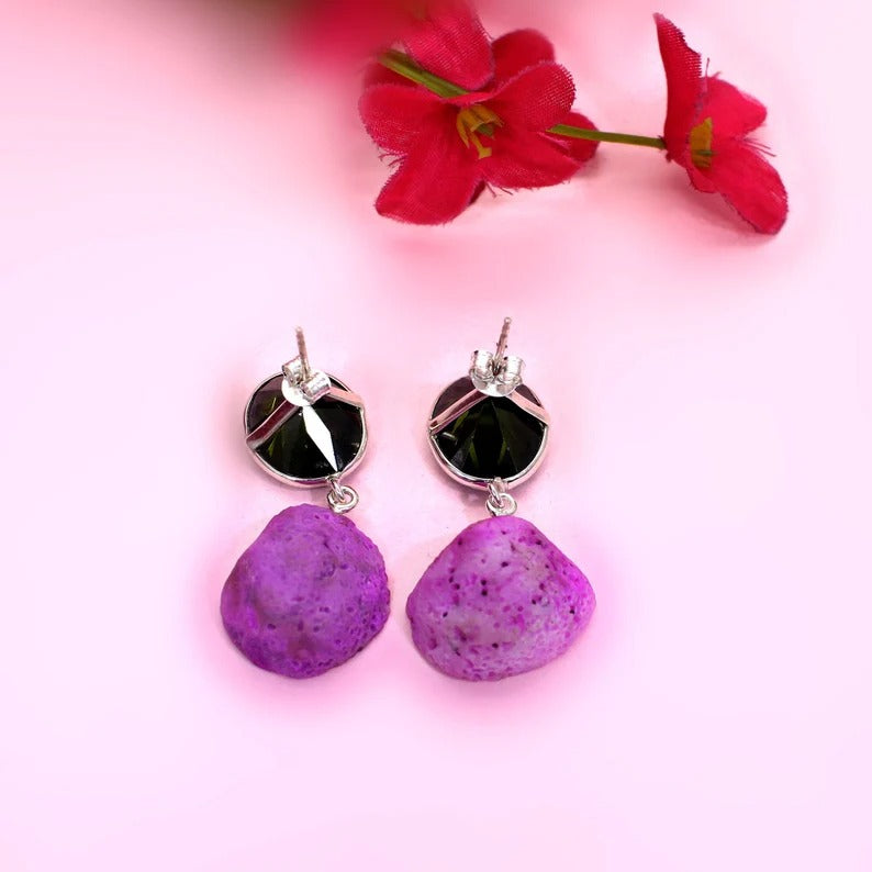 Smoky Quartz And Pink Aura Druzy Gemstone Party Wear 925 Sterling Silver Earrings