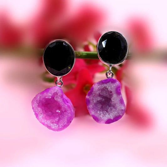 Smoky Quartz And Pink Aura Druzy Gemstone Party Wear 925 Sterling Silver Earrings