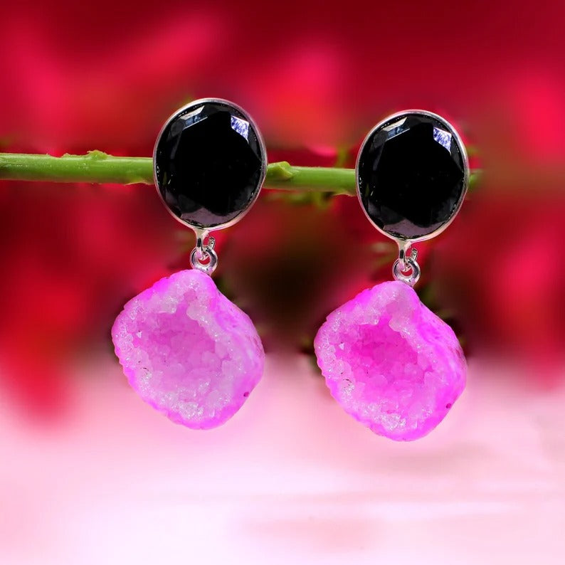 Smoky Quartz And Pink Aura Druzy Gemstone Party Wear 925 Sterling Silver Earrings