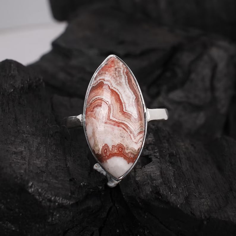 Natural Crazy Lace Agate Ring Gemstone Sterling Silver Ring