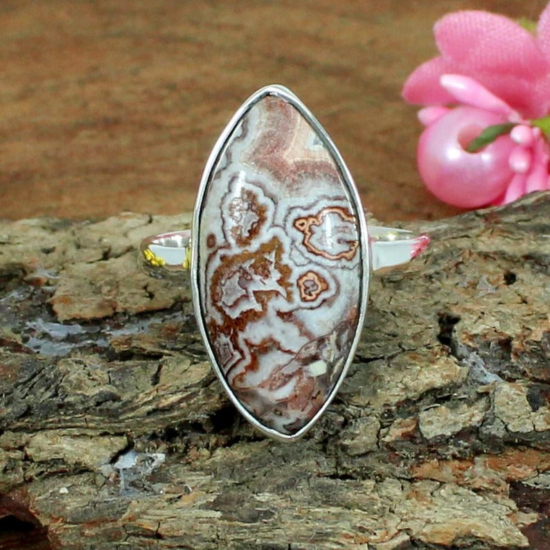 Natural Crazy Lace Agate Ring Gemstone Sterling Silver Ring