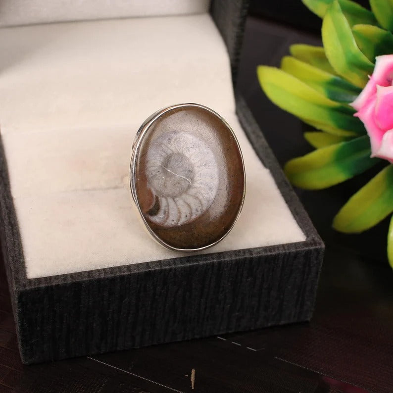 Natural Ammonite Fossil Gemstone 92.5 Sterling Silver Ring