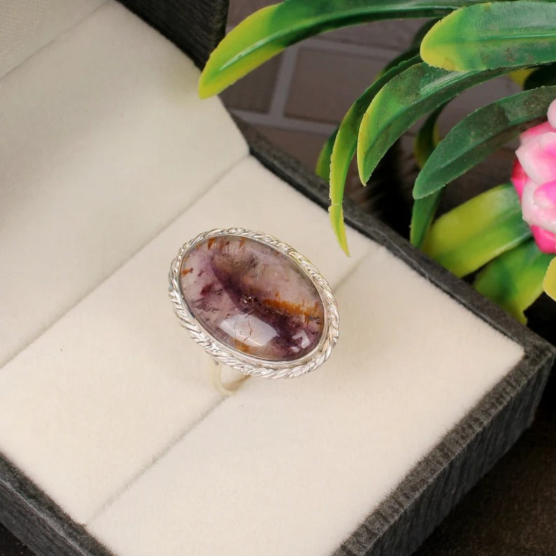 Natural Cacoxenite Super Seven Gemstone 92.5 Sterling Silver Ring