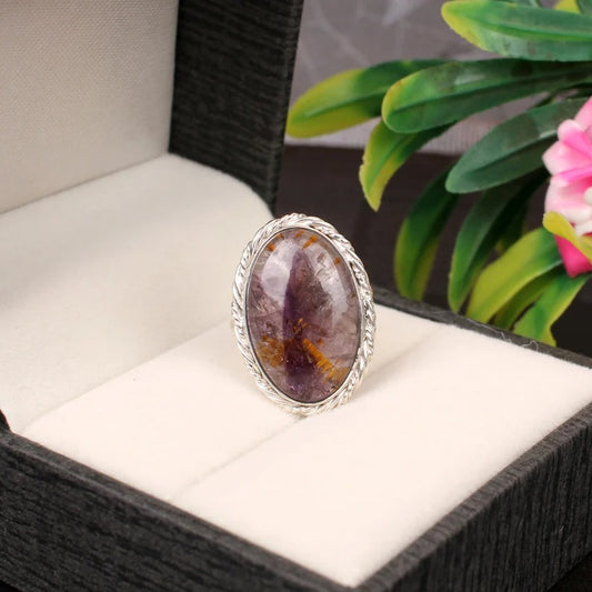 Natural Cacoxenite Super Seven Gemstone 92.5 Sterling Silver Ring