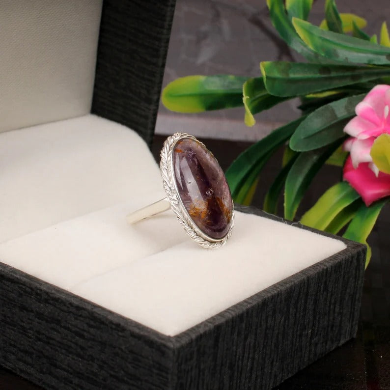 Natural Cacoxenite Super Seven Gemstone 92.5 Sterling Silver Ring