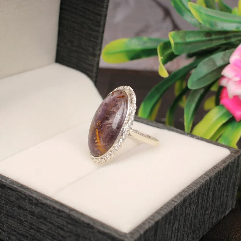 Natural Cacoxenite Super Seven Gemstone 92.5 Sterling Silver Ring