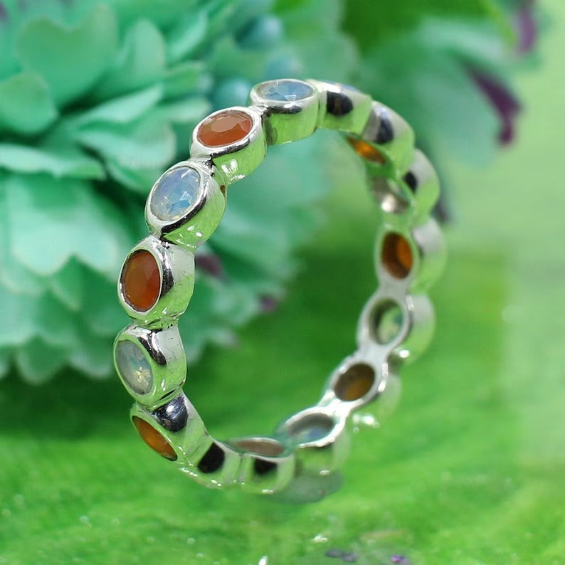 Natural Carnelian & Opalite Gemstone 925 Sterling Silver Ring