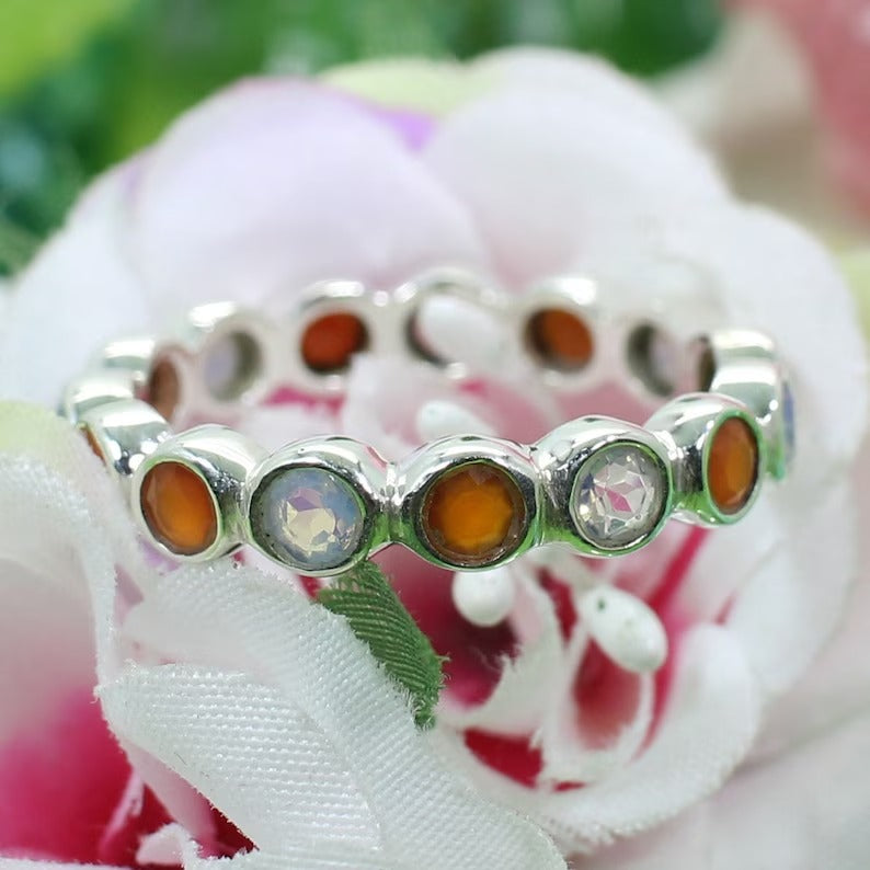 Natural Carnelian & Opalite Gemstone 925 Sterling Silver Ring