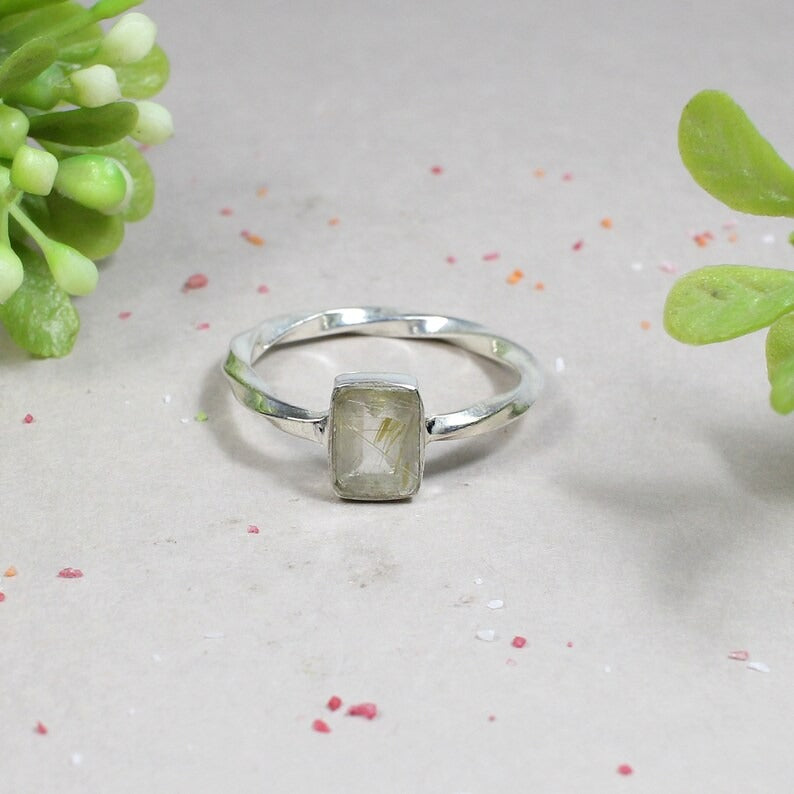 Natural Golden Rutile Gemstone  92.5 Sterling Silver Ring