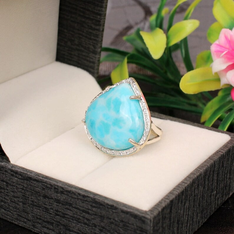 Natural Larimar And Cz Gemstone 92.5 Sterling Silver Ring