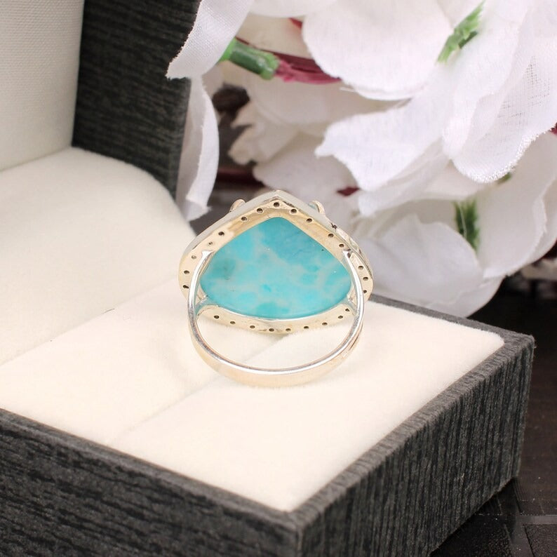 Natural Larimar And Cz Gemstone 92.5 Sterling Silver Ring