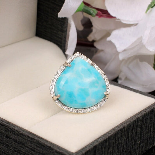 Natural Larimar And Cz Gemstone 92.5 Sterling Silver Ring