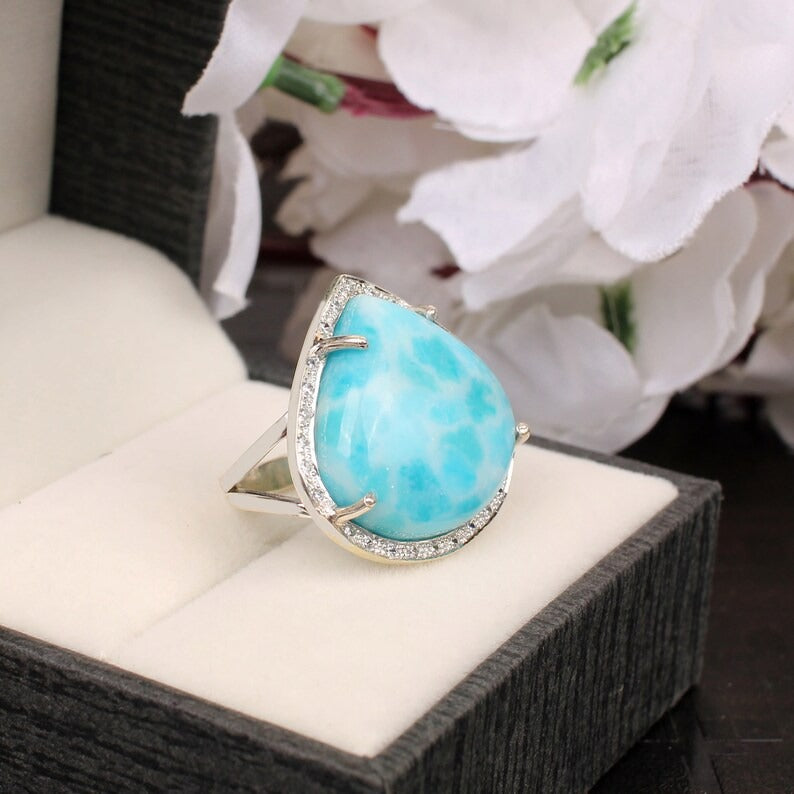 Natural Larimar And Cz Gemstone 92.5 Sterling Silver Ring