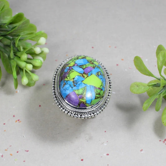 Multi Natural Turquoise Gemstone 92.5 Sterling Silver Ring