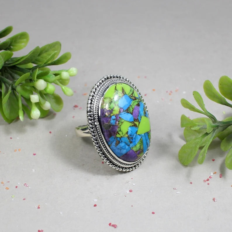 Multi Natural Turquoise Gemstone 92.5 Sterling Silver Ring