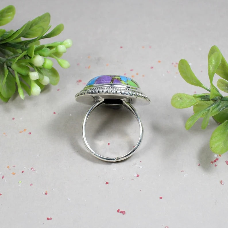 Multi Natural Turquoise Gemstone 92.5 Sterling Silver Ring