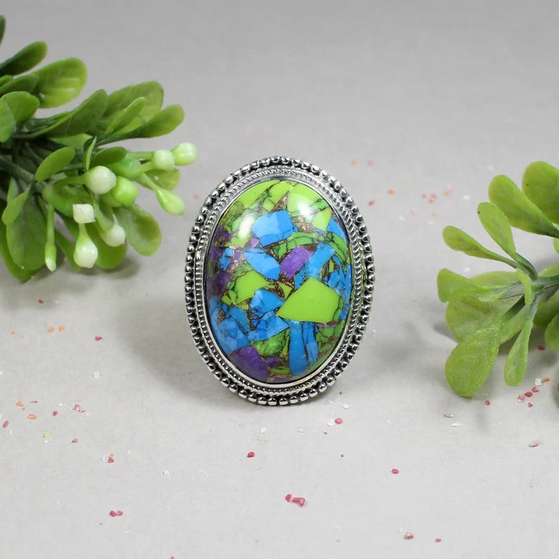 Multi Natural Turquoise Gemstone 92.5 Sterling Silver Ring