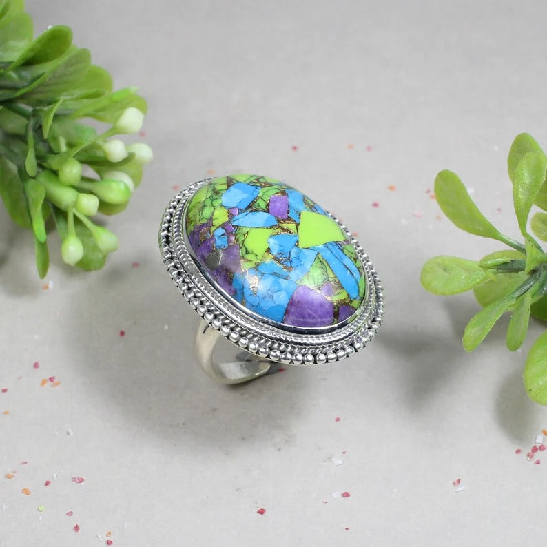 Multi Natural Turquoise Gemstone 92.5 Sterling Silver Ring