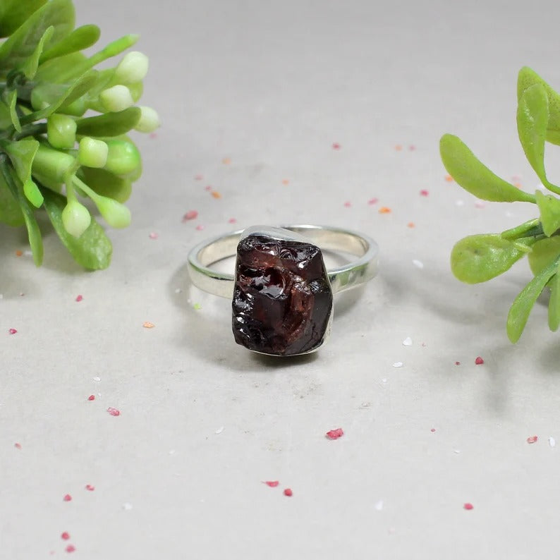 Natural Raw Garnet Gemstone Sterling Silver Ring