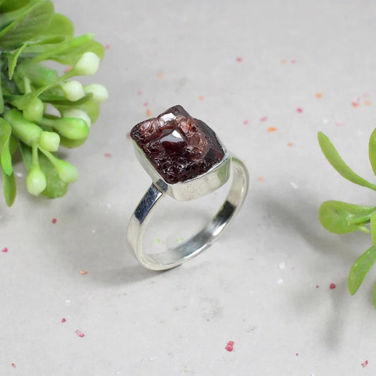 Natural Raw Garnet Gemstone Sterling Silver Ring