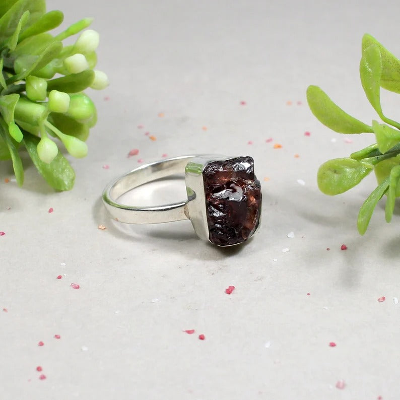 Natural Raw Garnet Gemstone Sterling Silver Ring