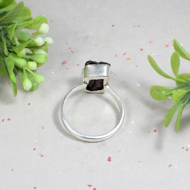 Natural Raw Garnet Gemstone Sterling Silver Ring