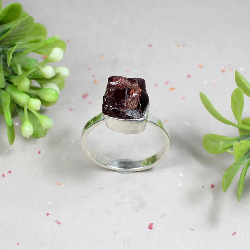 Natural Raw Garnet Gemstone Sterling Silver Ring