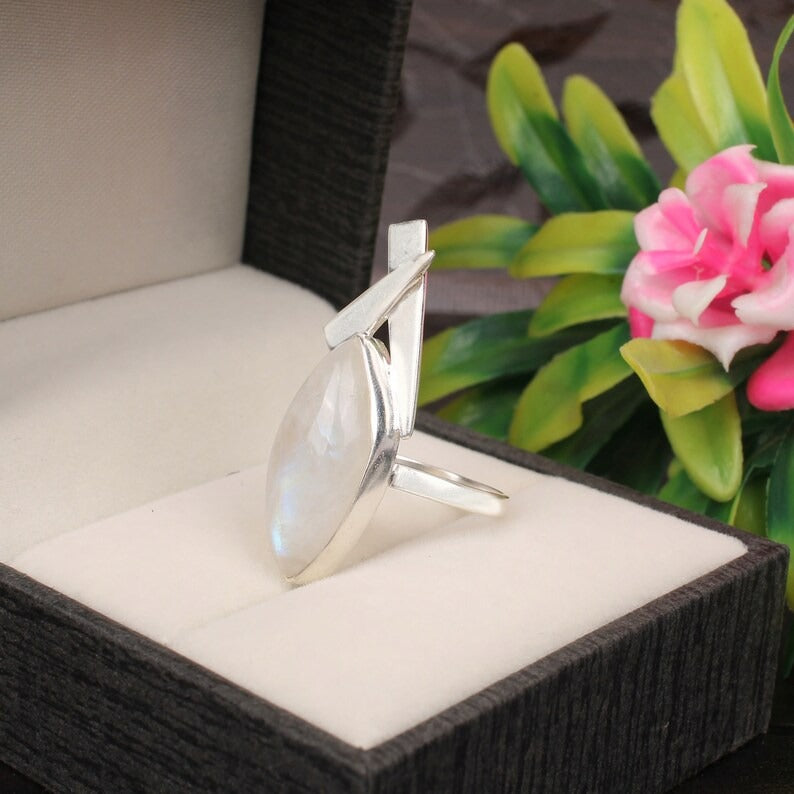 Natural Rainbow Moonstone Gemstone 92.5 Sterling Silver Ring