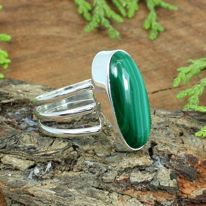 92.5 Sterling Silver Malachite Gemstone Ring