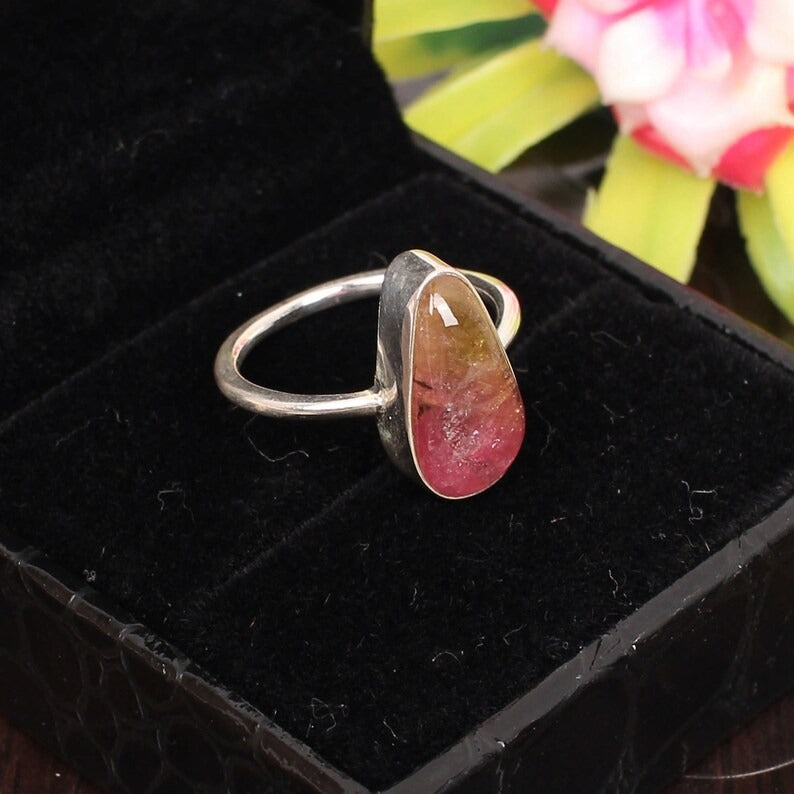 Natural Pink Tourmaline Gemstone Sterling SIlver Ring