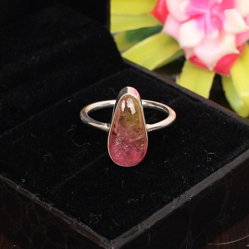 Natural Pink Tourmaline Gemstone Sterling SIlver Ring