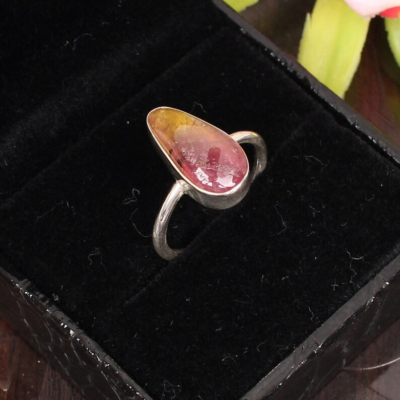 Natural Pink Tourmaline Gemstone Sterling SIlver Ring