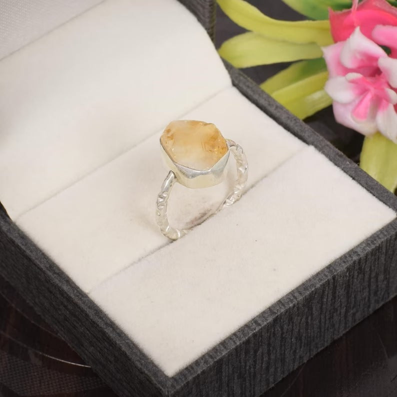 Natural Raw Citrine Gemstone 92.5 Sterling Silver Ring