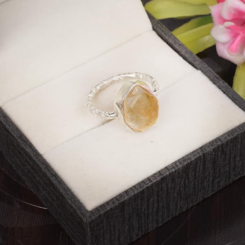 Natural Raw Citrine Gemstone 92.5 Sterling Silver Ring