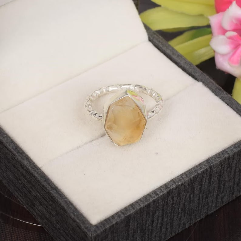 Natural Raw Citrine Gemstone 92.5 Sterling Silver Ring