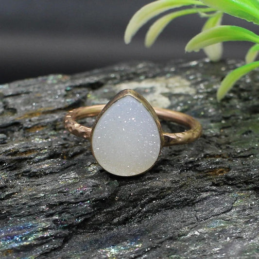 Natural White Druzy Gemstone 92.5 Sterling Silver Ring