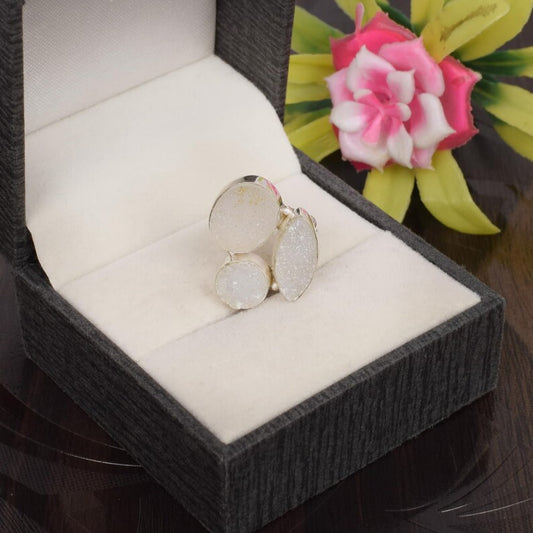 Natural White Druzy Gemstone 92.5 Sterling Silver Ring