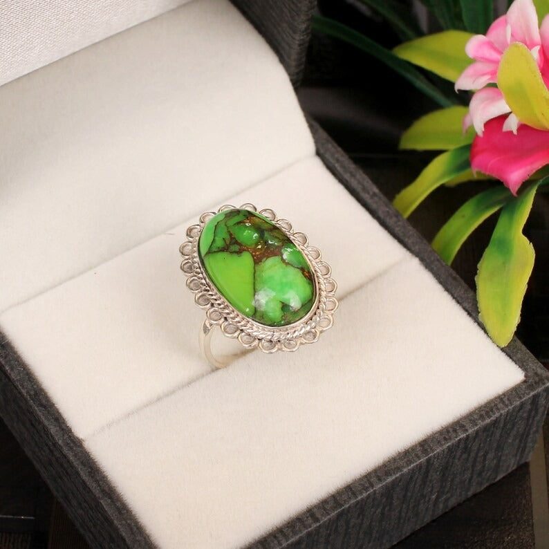 Green Turquoise Gemstone 92.5 Sterling Silver Ring