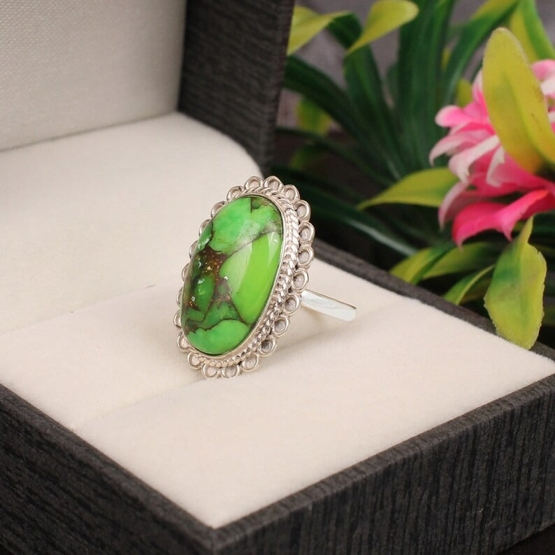 Green Turquoise Gemstone 92.5 Sterling Silver Ring