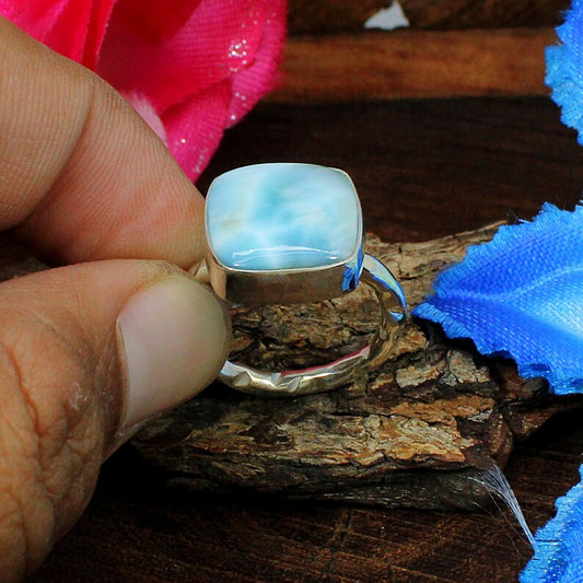 Natural Larimar Gemstone 925 Sterling Silver Handmade Ring