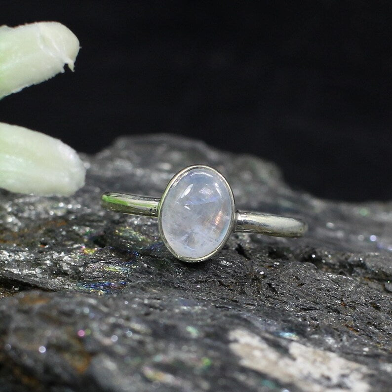 Natural Rainbow Moonstone Gemstone 92.5 Sterling SIlver Ring