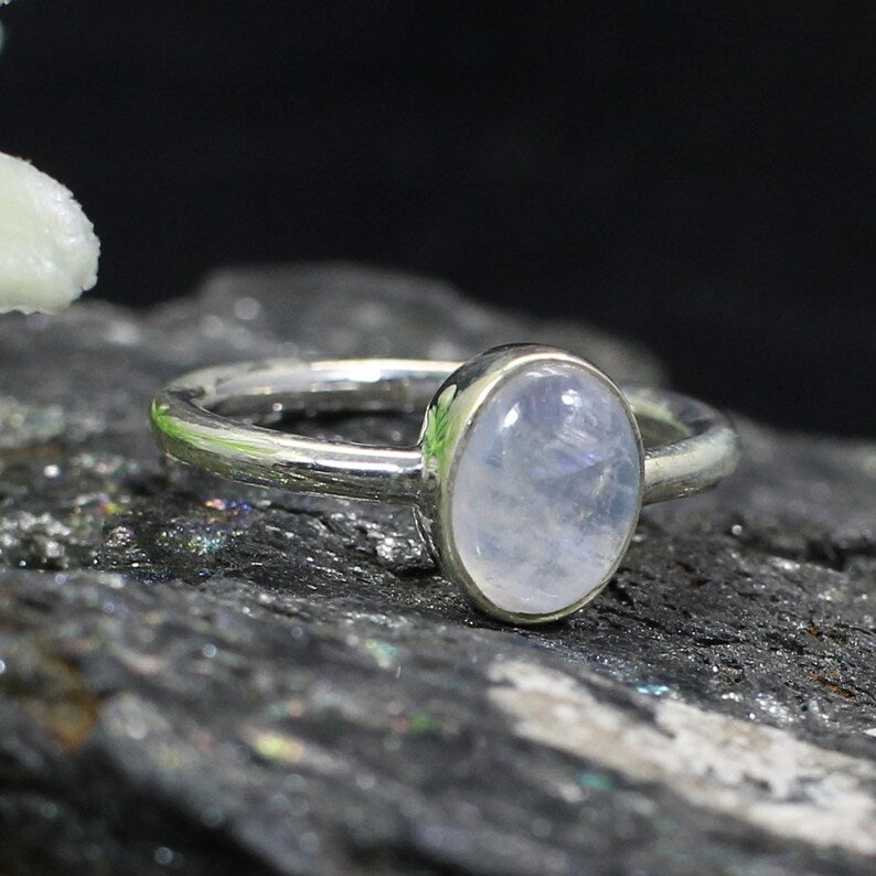 Natural Rainbow Moonstone Gemstone 92.5 Sterling SIlver Ring