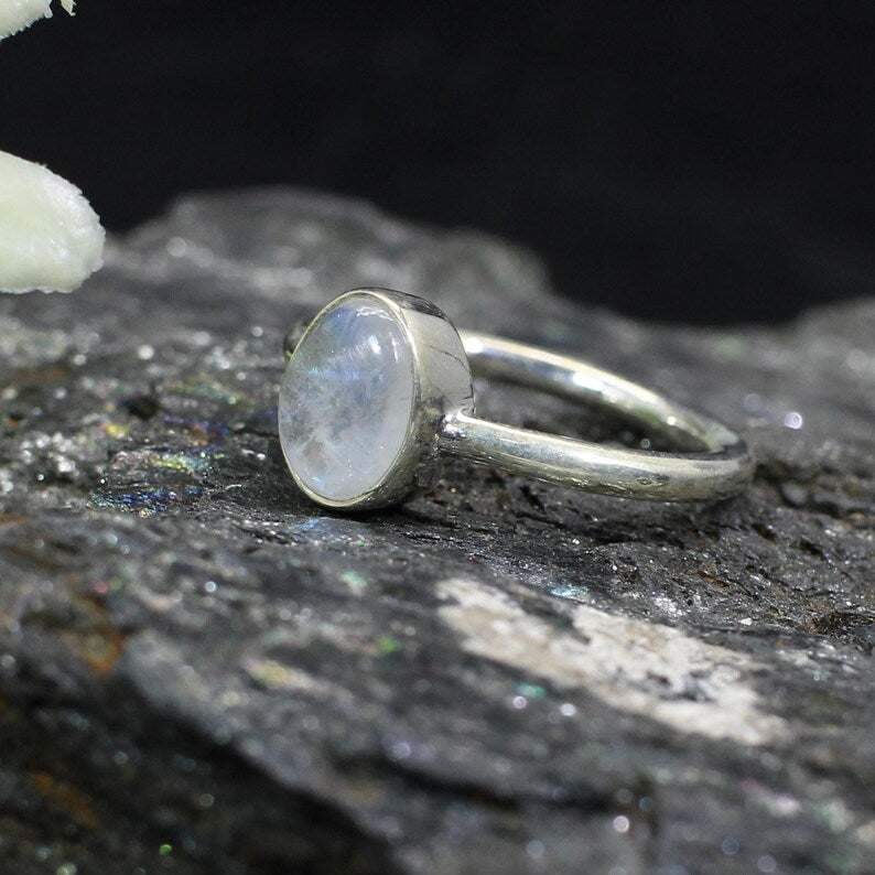 Natural Rainbow Moonstone Gemstone 92.5 Sterling SIlver Ring