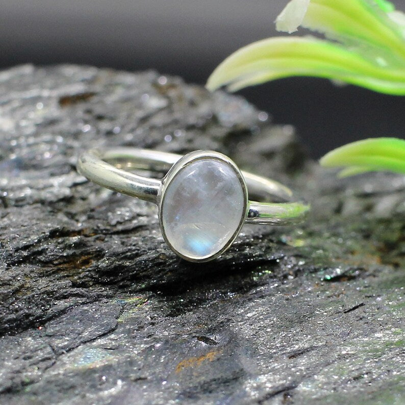 Natural Rainbow Moonstone Gemstone 92.5 Sterling SIlver Ring