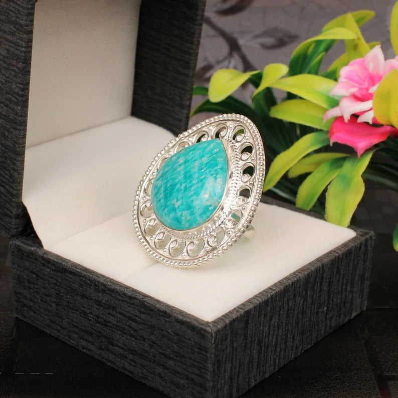 Natural Amazonite Gemstone 92.5 Sterling Silver Ring