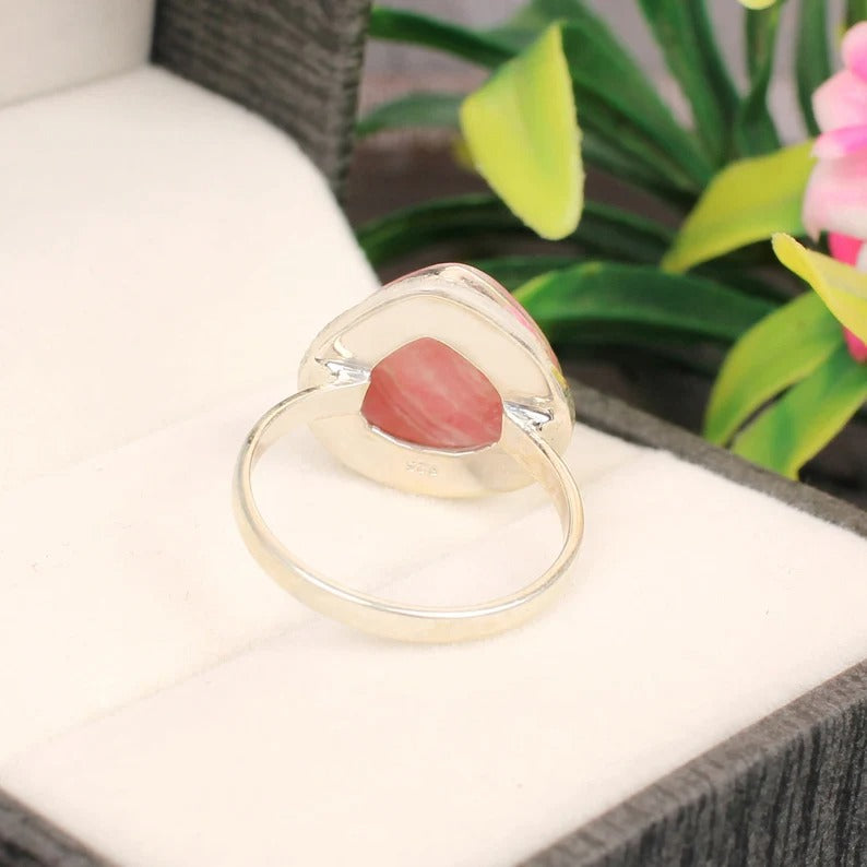 Natural Rhodochrosite Gemstone 92.5 Sterling Silver Ring